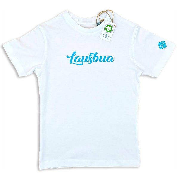 Kinder T-Shirt in weiß mit Lausbua Schriftzug in neon blau von seenarrisch