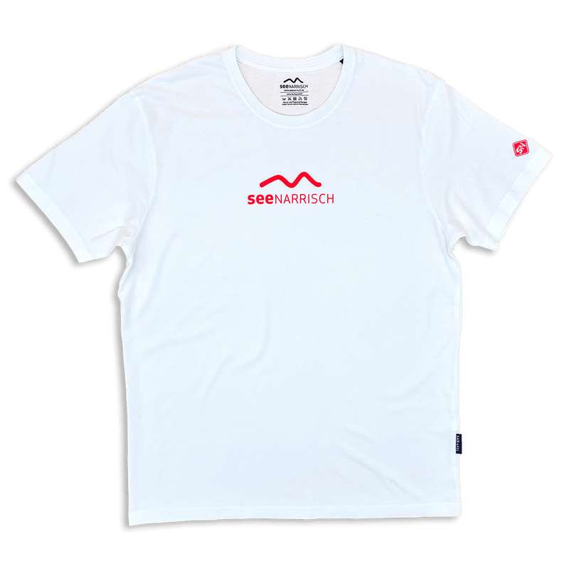 Männer T-Shirt - seeNARRISCH - Weiß mit Applikation in Neonrot