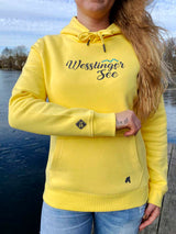 Wesslinger See Hoodie in gelb mit Aufdruck in grau und Glitzer von seenarrisch
